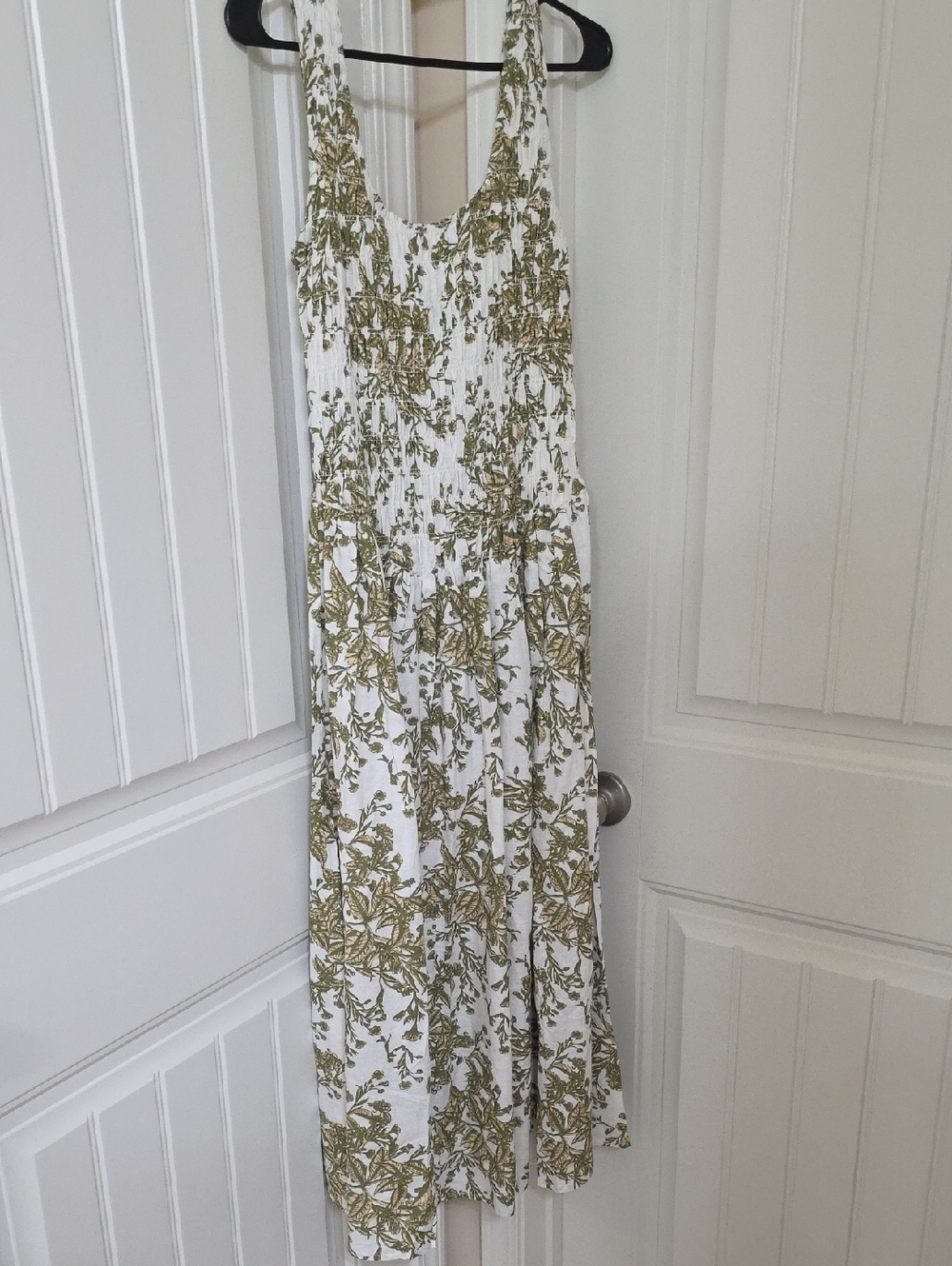 White Maxi Dress with Olive Green Floral Print